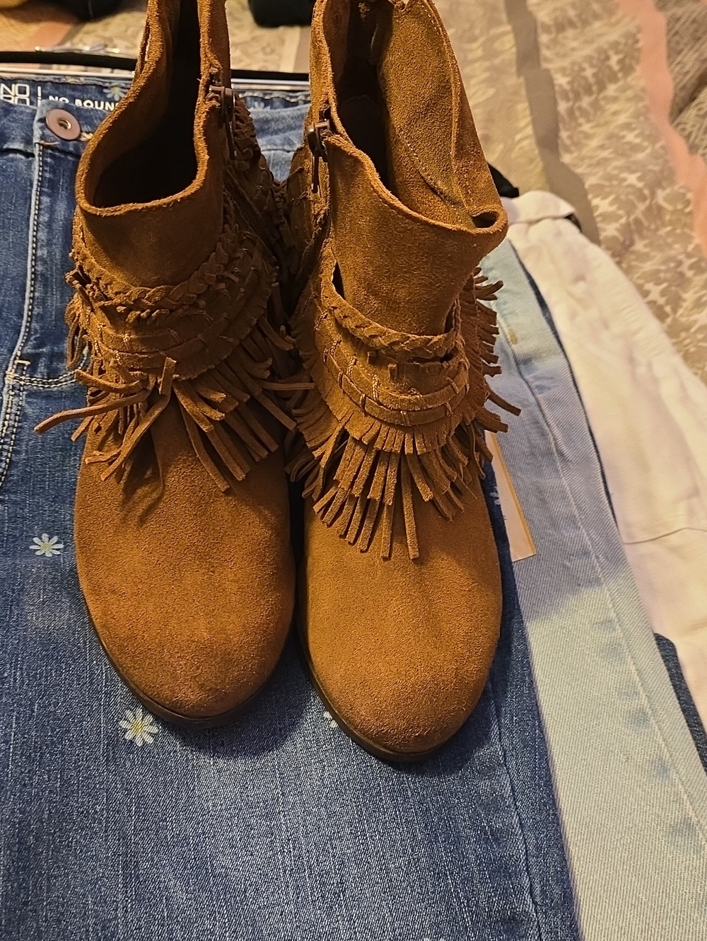 naughty monkey Suede Fringe Ankle Booties - Cognac Brown